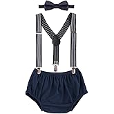IBTOM CASTLE Baby Boys Cake Smash Outfit First Birthday Bloomers Bowtie Suspenders Clothes set