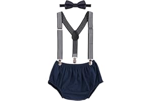 OBEEII Baby Boy Cake Smash First Birthday Y Back Clip Suspenders Bloomers Bowtie Outfits Photography Props