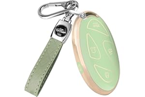 QBUC for Hyundai Ioniq 6 Key Fob Cover,Soft TPU 360 Degree Car Key Case Protector with Leather Keychain Compatible with Hyundai Ioniq 6 Grandeur GN7 KONA 2023 2024 Smart 5 Buttons Smart Key(Green)