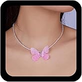 Andelaisi Boho Butterfly Pendant Necklace Vintage Pink Butterfly Necklace White Seed Bead Choker Necklaces Adjustable Rice Beads Collar Necklaces Jewelry for Women