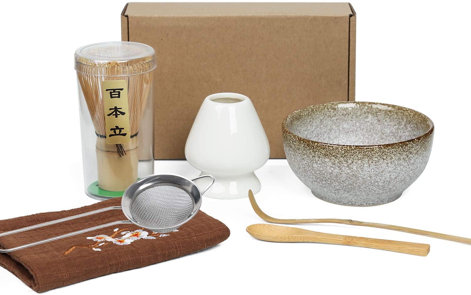 Japanese Matcha Tea Set of 7,With100 Prong Matcha Whisk, Whisk Holder,Traditional Scoop, Tea Spoon,Tea Sifter,Tea Towel and Ceramic Matcha Bowls