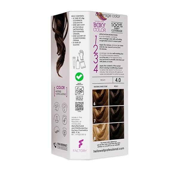 COVERAGE BOXY COLOR HAIR COLOR KIT PROFESSIONAL, PERMANENT COLOR CREAM HAIR DYE WITH VEGETAL PROTEIN TO GET HAIR WITH INTENSE COLOR SHINY AND SILKY. 100% GRAY COVERAGE. (4.0 BROWN)