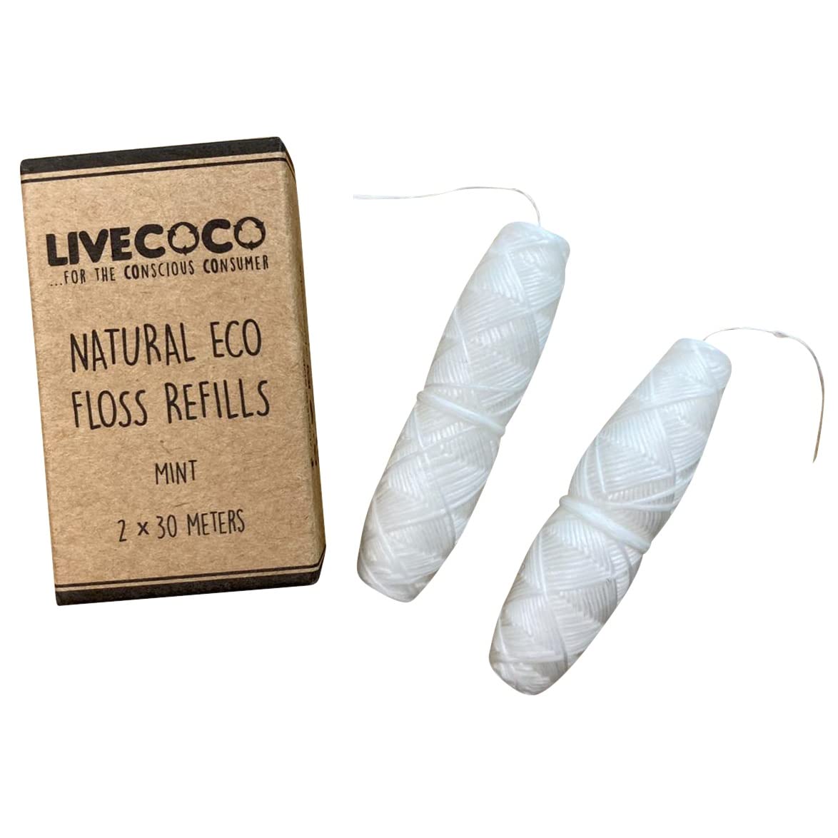 LiveCoco Zero Plastic Dental Floss Refills, Tooth Floss for Adults and Kids, Waxed Floss with Fresh Mint Flavour for Oral Care, 2 of 30m Floss Spools