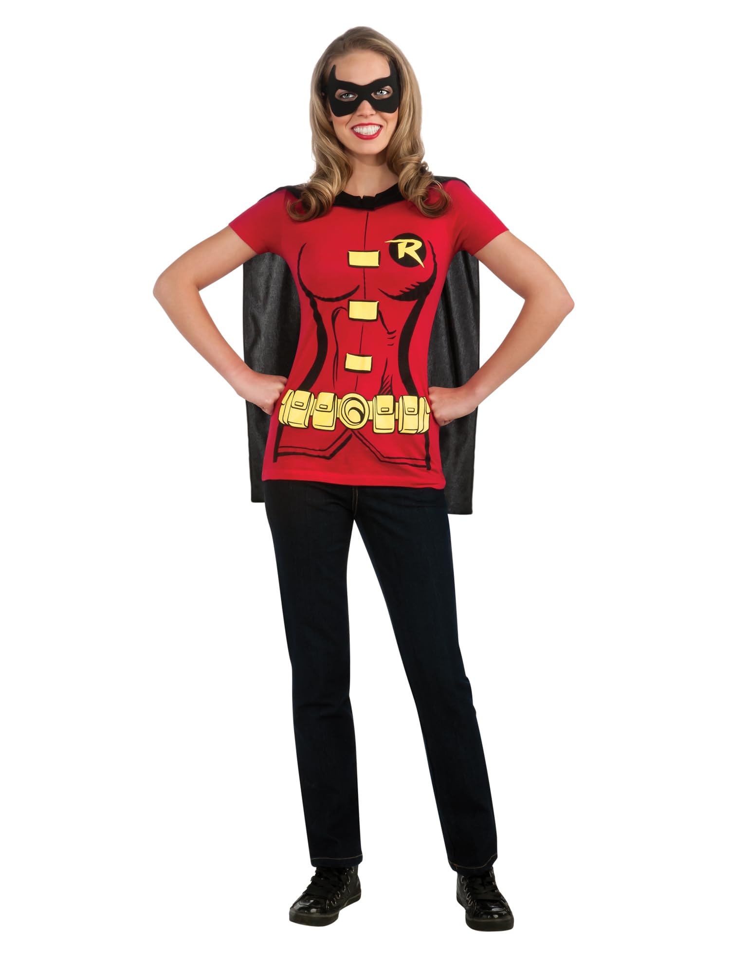 Rubies Official DC Comic Supergirl and Robin T-Shirt Set, Ladie's Instant Costume Bundle Kit - T-shirt & Attached Cape Costume Bundle, Adult Super Hero Fancy Dress Up, Size XLarge Halloween