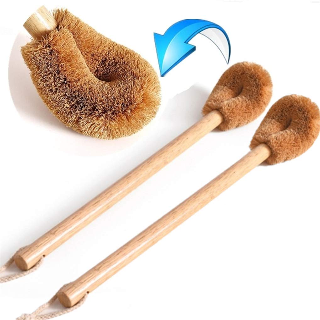 2Pack Natural Coconut Fibre Toilet Brush(length 45CM), Wood Handle Cleaning Brush for Toilet