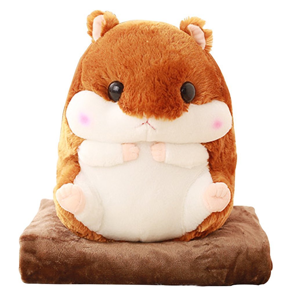 YunNasi Cuddly Plush Stuffed Hamster Pillow with Comfortable Blanket of 100cm x 170cm, Dark Brown