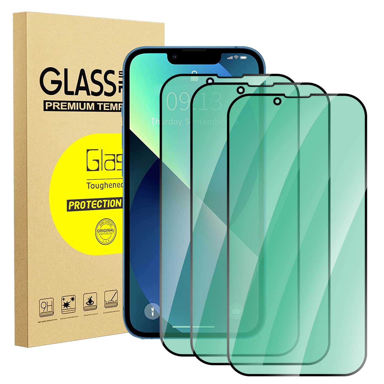 zonyee Screen Protector for iPhone 13, 3 Pack Anti Blue Light Tempered Glass Protective Film [Green Light Eye Protection] Compatible with iPhone 13 6.1'', Anti Fingerprint, Anti Scratch