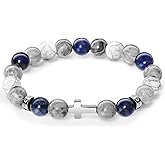 Men's Cross Bracelet, Adjustable Elastic Christian Bead Bracelet, 10mm Natural Stone, Gift for Anniversary, Christmas, Thanksgiving, Howlite/Map Stone/Blue Vein/Snowflake Obsidian/Black Agate/Tiger eye/Hematite