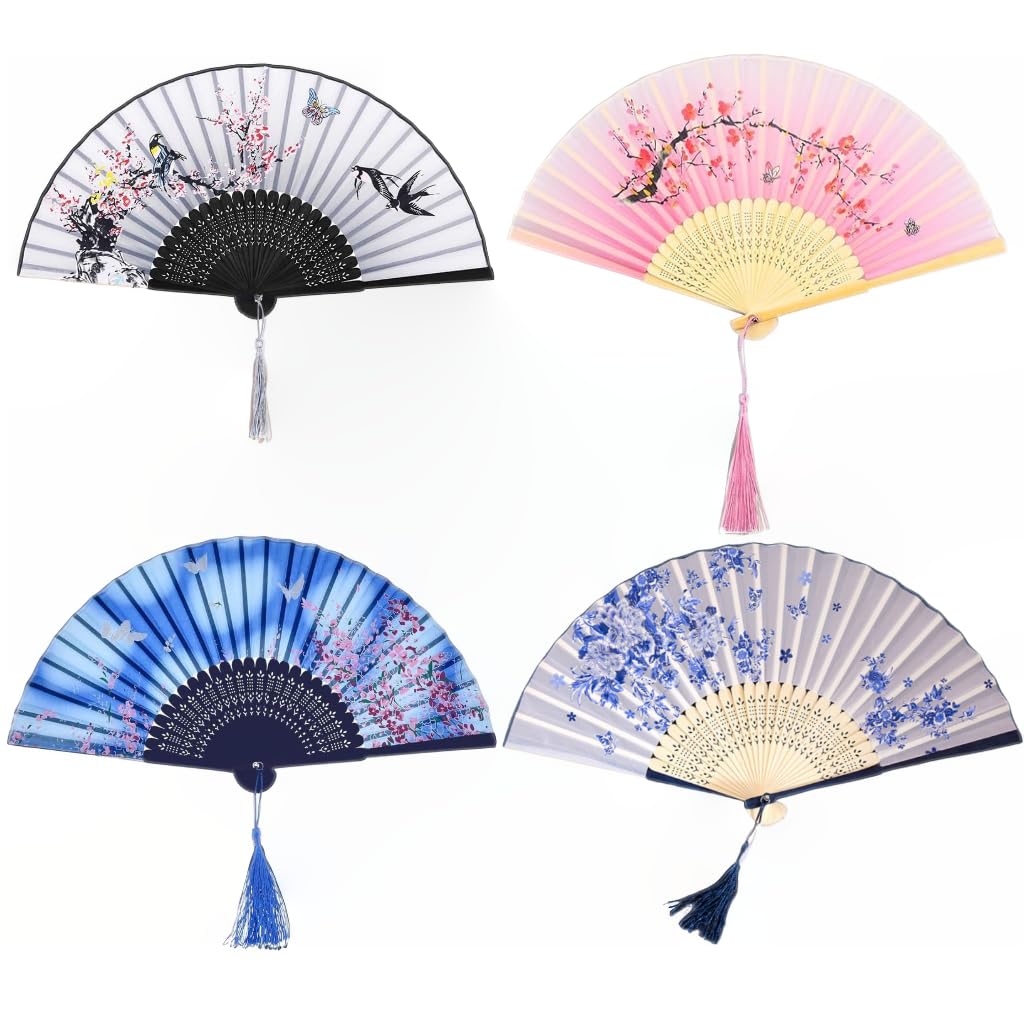 QIGEN LTD 4 Pieces Folding Fans Handheld Fans Bamboo Fans with Tassel Women's Hollowed Bamboo Hand Holding Fans for Wedding Party Wall Decoration (multicolour-A)