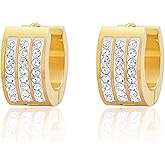 Edforce Stainless Steel Women's 3 Rows of 8 AAA Cubic Zirconia Stones Huggie Hoop Earrings