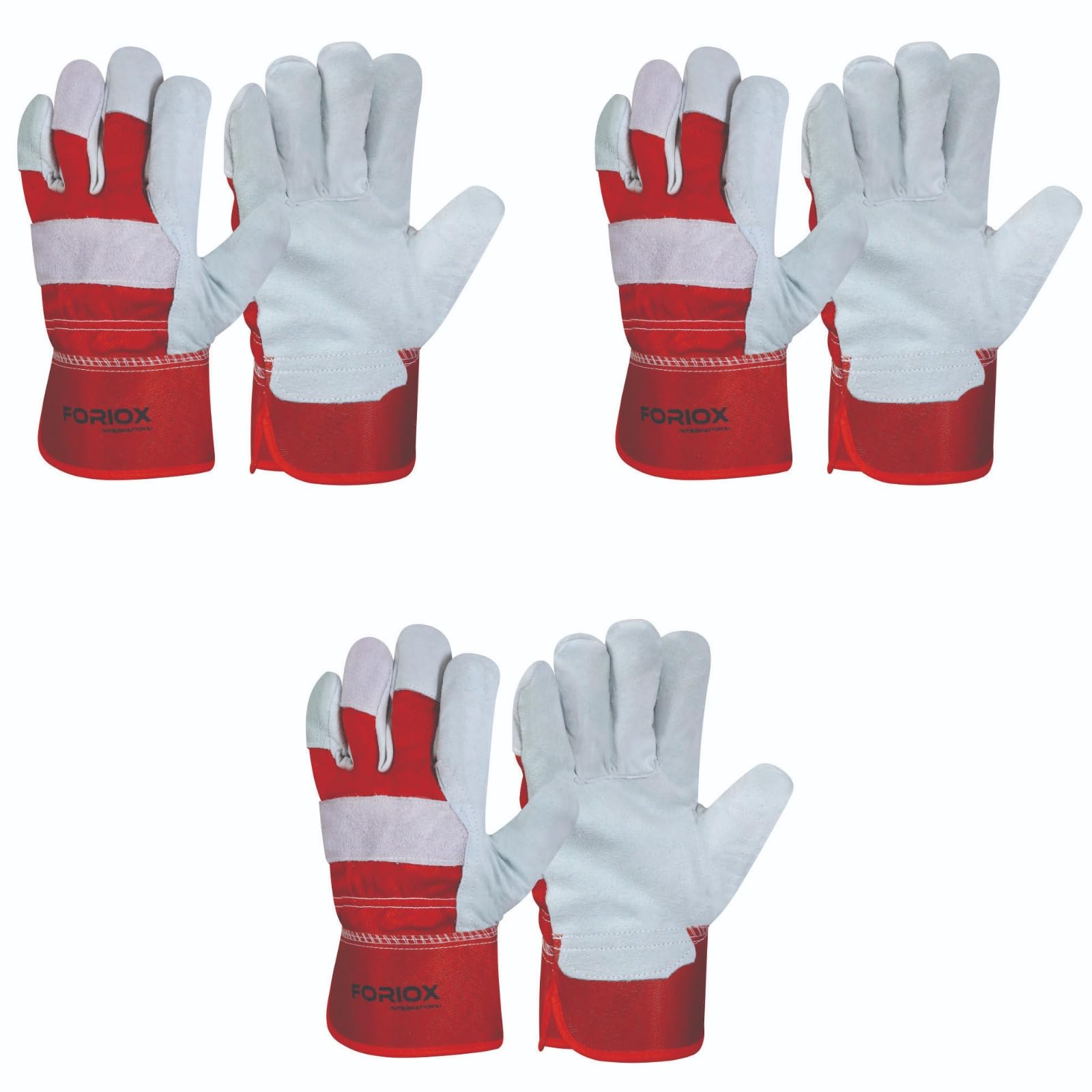 Foriox International Split Leather Work Gloves, Heavy Duty Thorn Proof Gardening Gloves for Digging, Weeding, Planting and Construction Working Pruning & Rigger Tasks (Pack of 3 (Red))