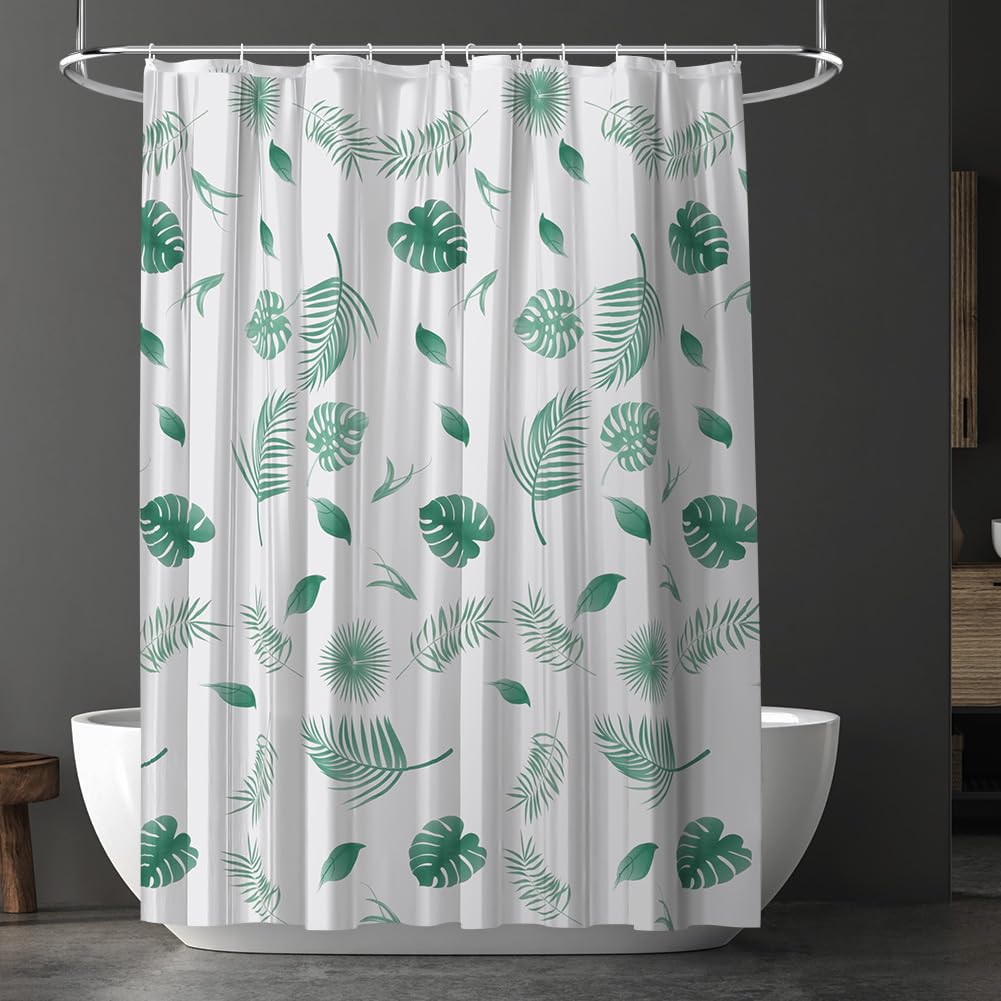 URAQT Shower Curtain Anti Mould, Waterproof PEVA Bath Curtains, Mildew Resistant Bathroom Shower Curtains with 12 Hooks, Green Leaves Bathtub Curtains, 180 x 180 cm, Green White Leaves