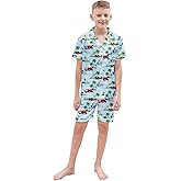 Boys Silk Pajamas Set Button Down Short Sleeve 2 Piece Sleepwear, Hawaii Blue Car, 9-10 Years = Tag 150