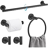 TQKAG Matte Black Bathroom Hardware Set 5 Pieces, SUS304 Stainless Steel Towel Bar Set Round Bathroom Towel Rack Set Wall Mounted