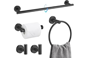 TQKAG Matte Black Bathroom Hardware Set 5 Pieces, SUS304 Stainless Steel Towel Bar Set Round Bathroom Towel Rack Set Wall Mounted