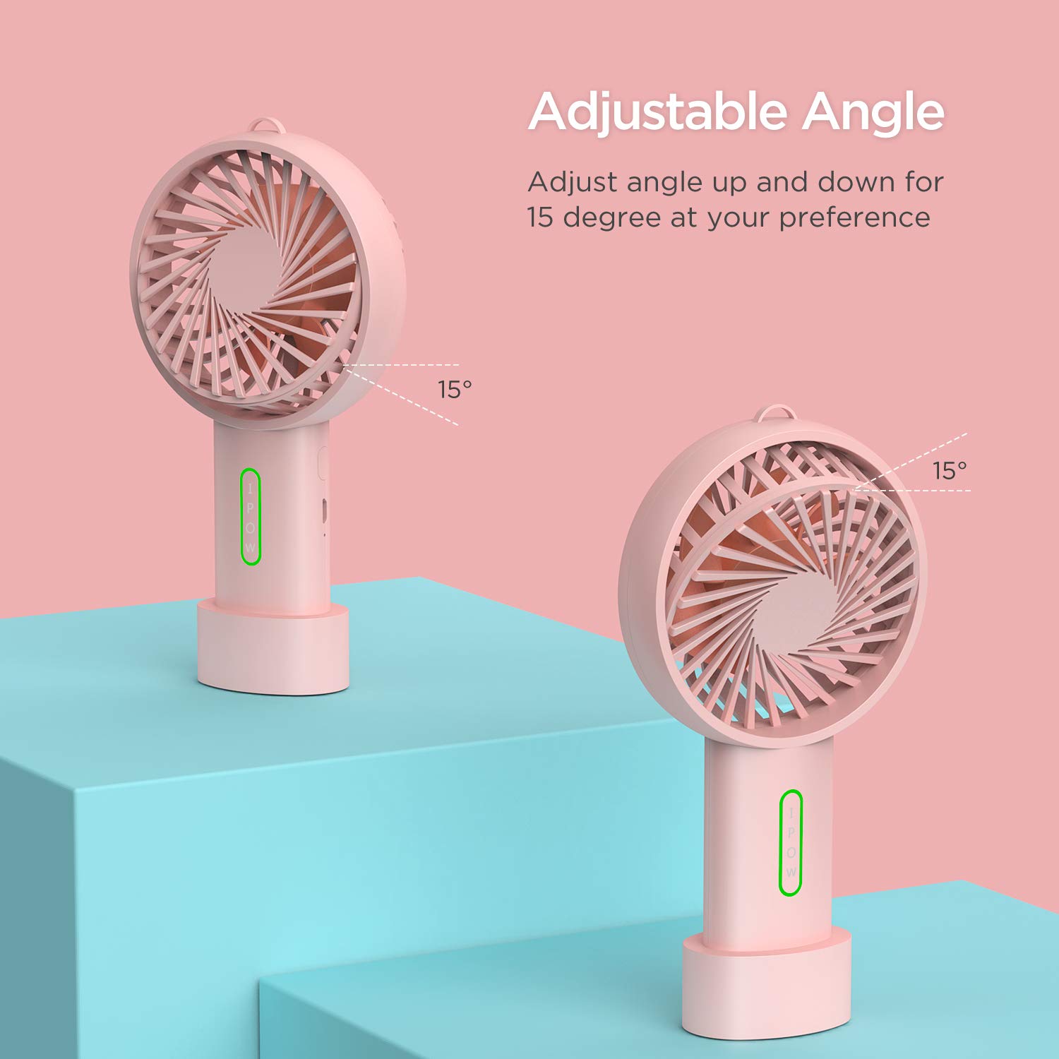 IPOW Mini Handheld Fan Personal Portable Fan 3 Speed Adjustable Angle Removable Base Lanyard USB Recharging Battery Operated Small Desk Cooling Face Fan for Home Camping Disney Travel Peach Pink