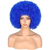 Aminow 70's Afro Wig for Women, Blue Short Afro Kinky Curly Wig, Glueless Synthetic Wig with Bangs, Puffy & Fluffy Bouncy Afro Wig for Daily Cosplay Party