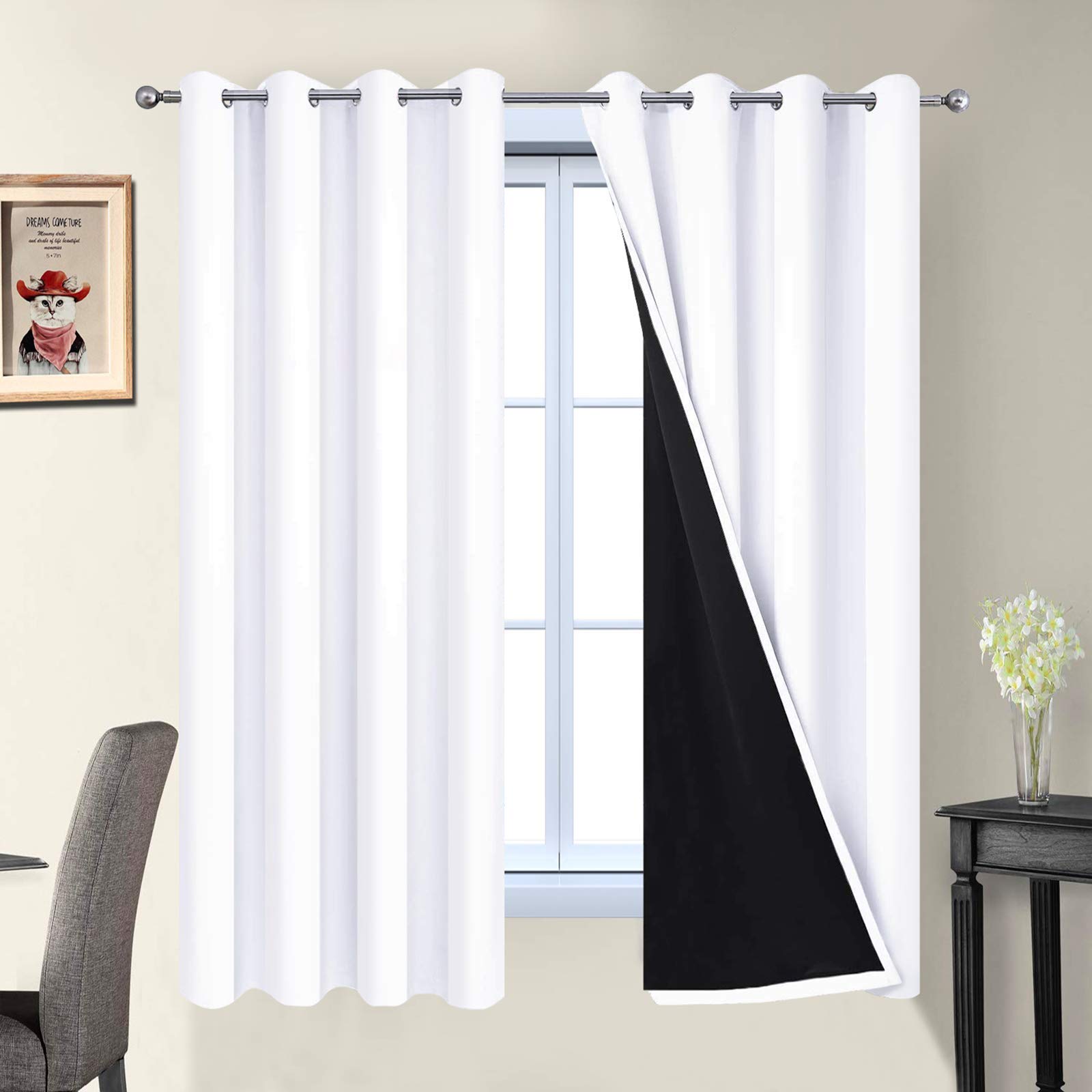 Yakamok White 100% Blackout Curtains, 2 Thick Layers Full Light Blocking Thermal Insulated Drapes with Black Liner for Bedroom(52Wx63L, Pure White, 2 Panels) — image 1