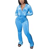 Chatinction Women's 2 Piece Outfit Velour Zip Up Crop Jacket and Bell Bottoms Long Pants with Pockets Tracksuit Set