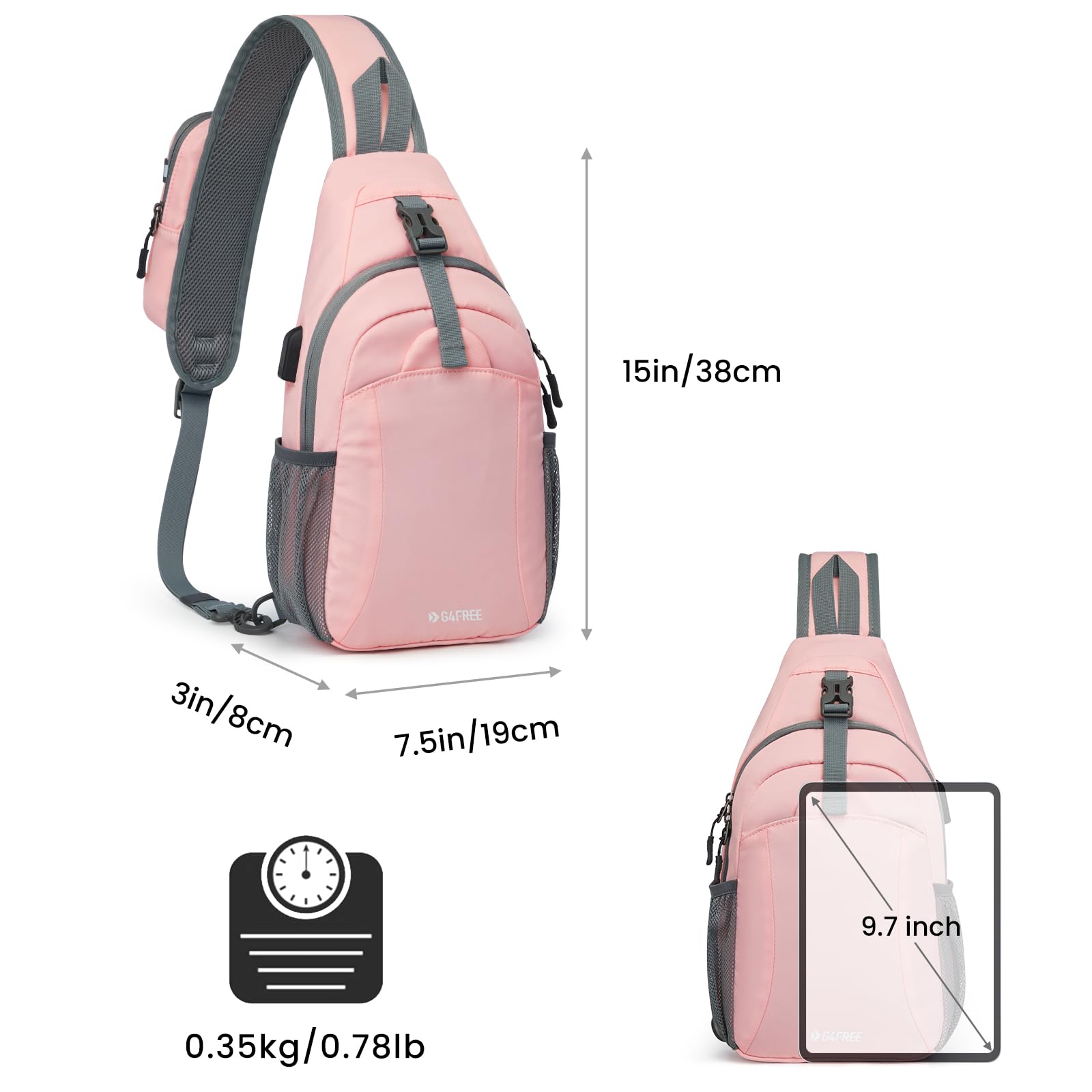 G4Free Sling Bag RFID Crossbody Sling Backpack with USB Charging Port, Travel Hiking Daypack Shoulder Chest Bag for Women Men(Pink)