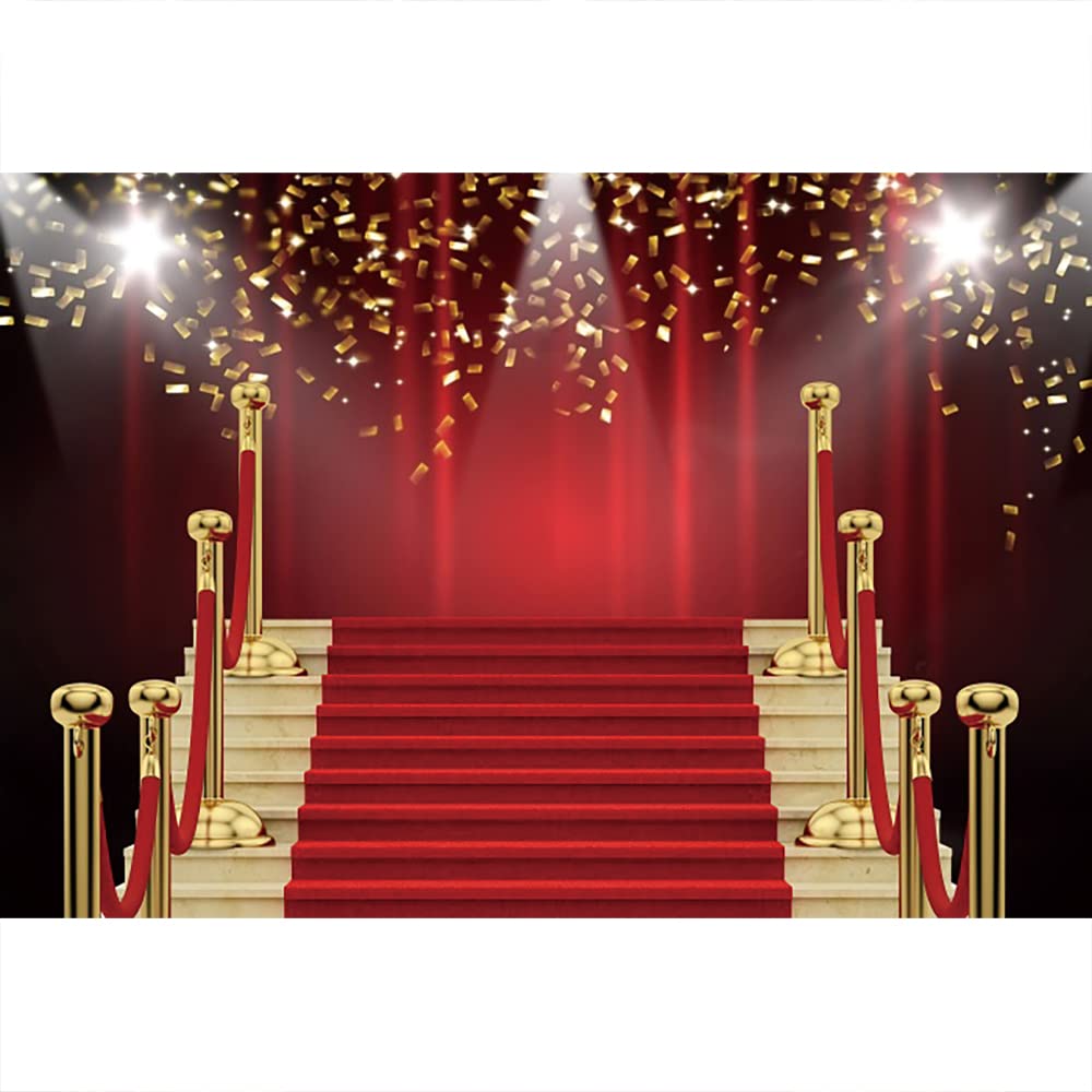 Aoihrraan 2,2x1,5m Red Carpet Stage Photography Backdrop Gold Sequins Stairs Curtain VIP Guest Catwalk Event Background Awards Ceremony Prom Party Grad Decoration Vlogger Portrait Photo Studio Props