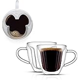 JoyJolt Disney Mickey Mouse 3D Espresso Cups 5.4oz Glass Set of 2 - Insulated Double Wall Design, Unique Coffee Mugs