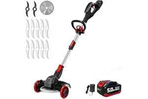 Korunria Cordless Weed Wacker with Blade, Electric Weed Wacker with Wheels, 3-in-1 Brush Cutter & Edger & Lawn Mower with 5.0Ah Battery and Charger, 30+Mins, K&GO Force (One Battery)