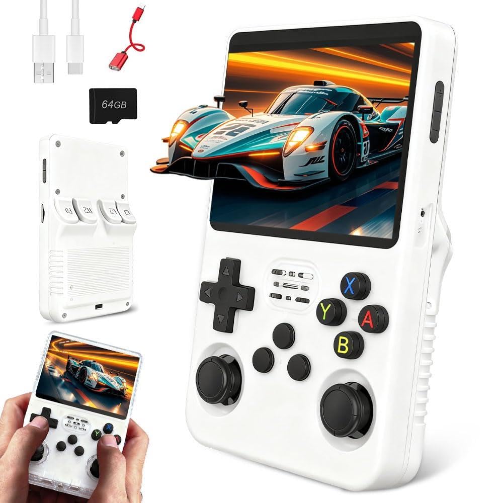 R36s Handheld Game Console, Retro R36s Game Console with 64G TF Card, 3.5 In Screen Linux System Retro Games Console Handheld (White, 64, GB)