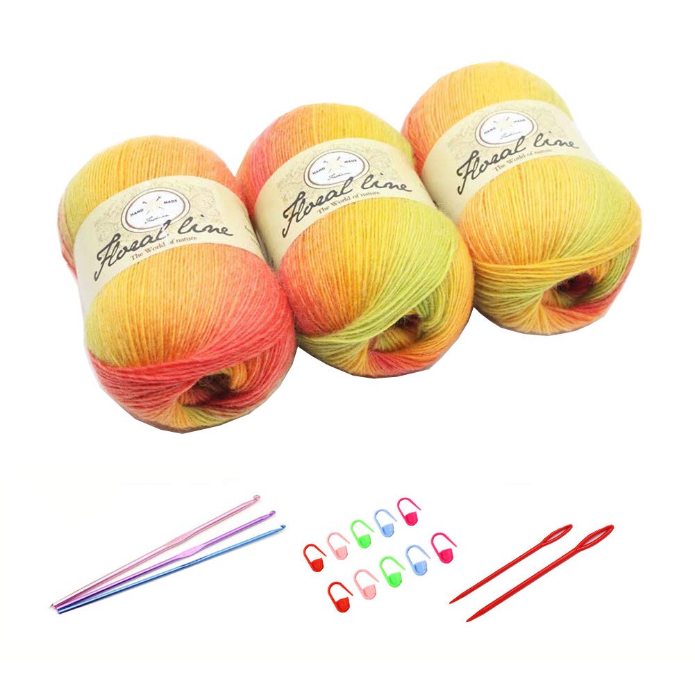 3X 100g Rainbow Wool Yarn Balls Chunky Knit Double Pom Pom Coloured Chunky Wool with 3 Crochet Hooks, 2 Needles, 10 Crochet Locking Stitch Markers for Beginners (216)