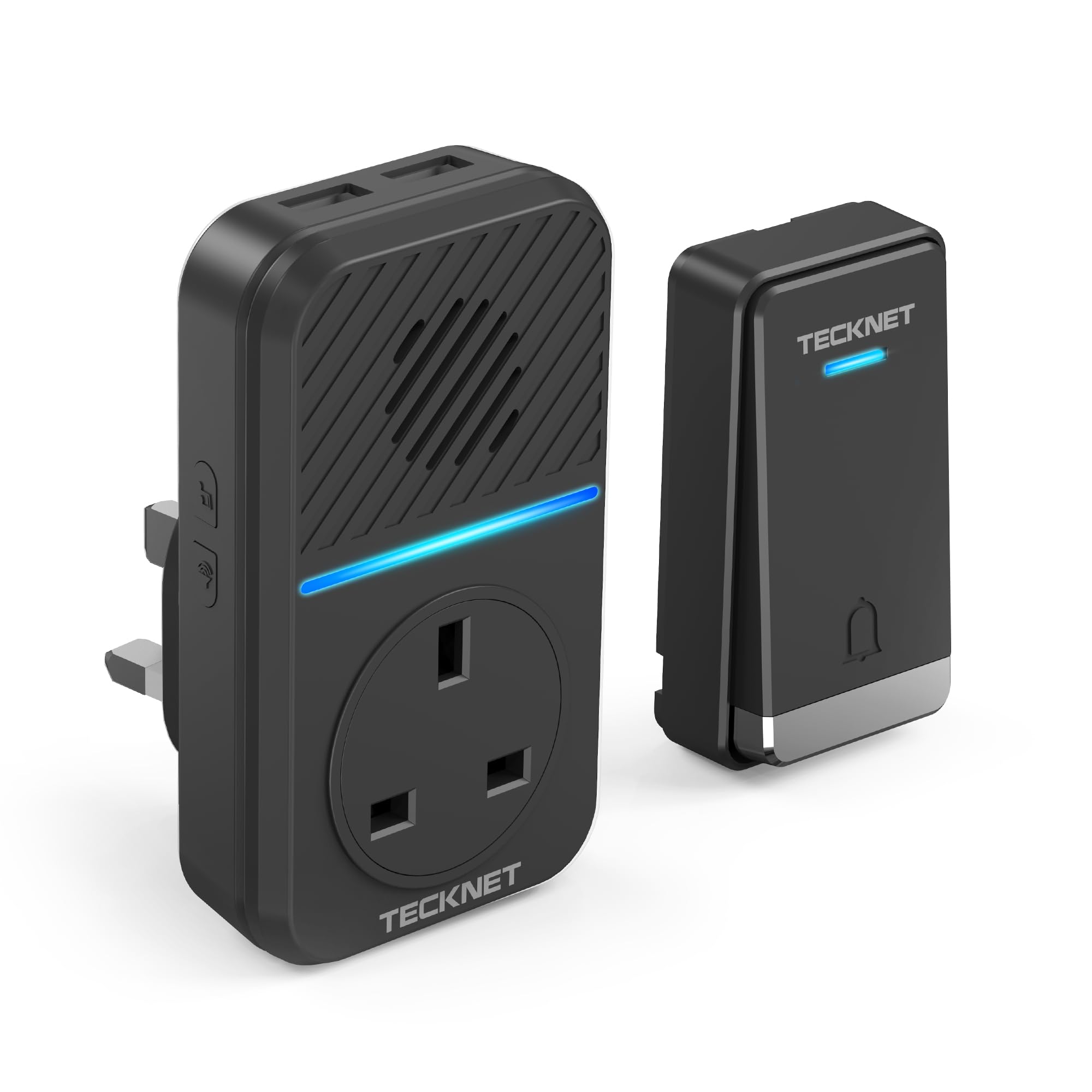 TECKNET 2-in-1 Plug-Through Wireless Doorbell with USB & AC Sockets, Self-Powered Doorbell, Doorbell & Charger in One, Save Your Wall Socket, IP65 Waterproof, 60 Chimes, LED Light Flash, Black