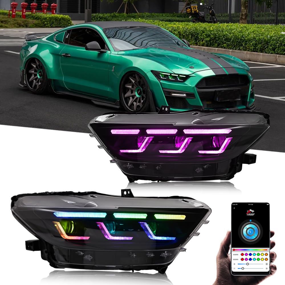 Photo 1 of Update 2024 Style RGB Headlamp Compatible with 2015-2017 Ford Mustang GT EcoBoost Premium V6 Headlights 2016-2022 Shelby GT350 GT350R GT500 Sequential Accessories Animation Custom (15-17 Multicolored)
