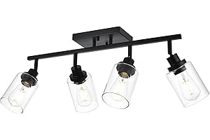 Wanluce 4-Light Track Lighting Kit Black Track Lighting Fixtures Bathroom Wall Sconces Ceiling Mount Kitchen Tracking Lights, Rotatable Spotlight with Clear Glass Shade for Kitchen Shop Hallway