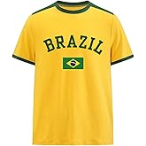 BEAUDRM Men's Brazil Soccer Jersey Tees Letter Print Graphic Short Sleeve Crew Neck T Shirts Top
