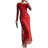Women's Tie Dye Long Sleeve Maxi Dress Bodycon Ruched Night Out Formal Cocktail Long Dress for Wedding Guest Party