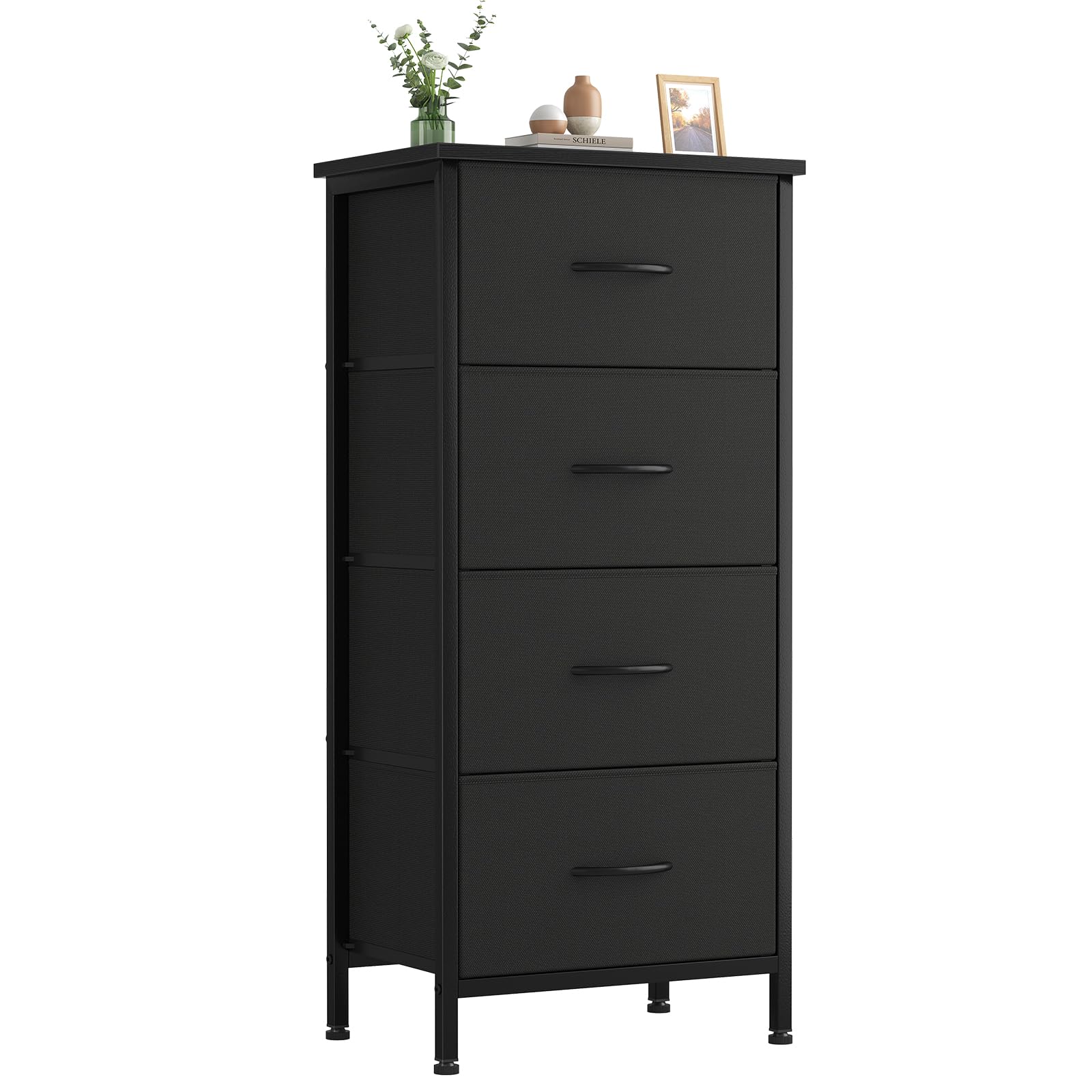 Sweetcrispy 4 Fabric Drawer Small Dresser, Bedside Nightstand with Wooden Top Sturdy Frame, Entryway Closet Bedroom Storage Cabinet Furniture for Dorm,Black Image