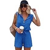 Yousify Women's Casual Sleeveless Short Rompers Summer Half Zip Lapel Collar Drawstring Knit One Piece Jumpsuit with Pockets