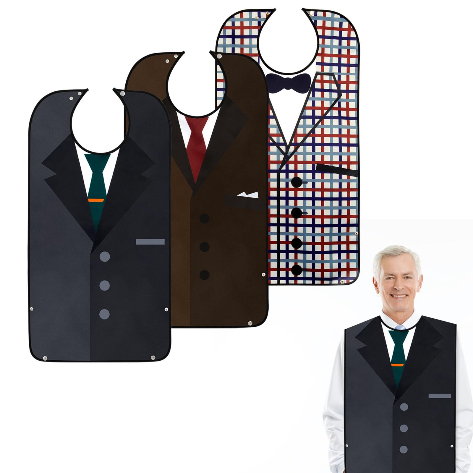 TaoTazon Adult Bibs for Men, 3 PCS Waterproof and Reusable Adult Bib with Crumb Catcher, Adjustable Clothing Protectors for Adult, Elderly and Disabled (Snap)