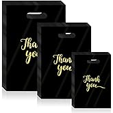 WhizToys 330 Pcs Thank You Bags for Business Small 3 Size Black Plastic Merchandise Bags Retail Merchandise Clothes Bag with Handle for Wedding Party Stores Packaging Wholesale Goodie Bag
