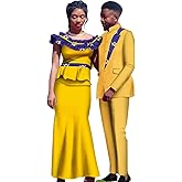 African Couple Clothes Matching Sets Satin Long Dresses for Women and African Suits for Men Dashiki Lovers Outfits