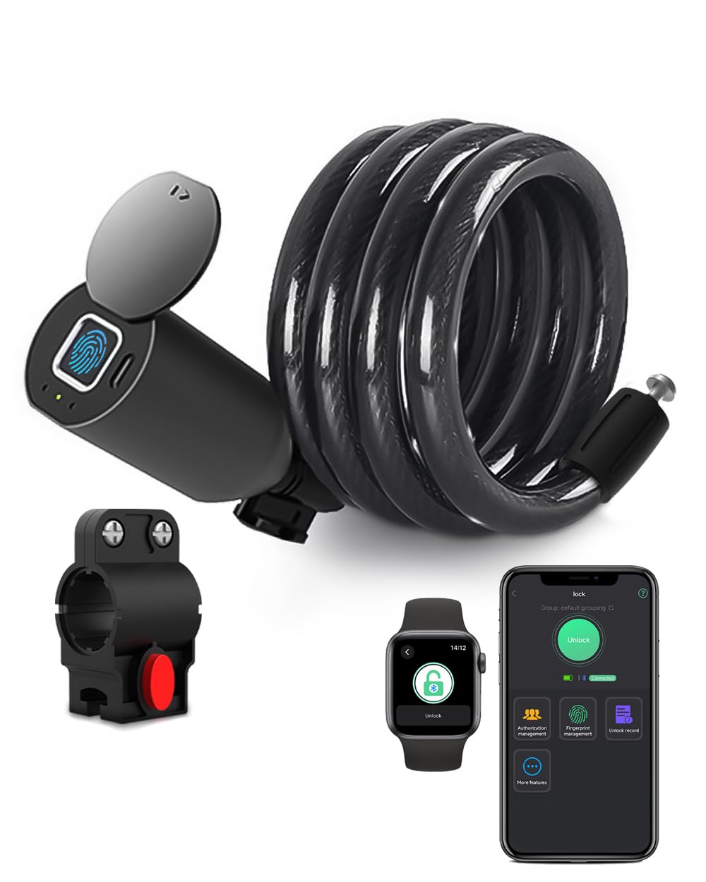 eLinkSmart Digital Cable Lock, Biometric Keyless Steel Cable Lock, 150cm Long, Black, Bicycle, Electric Bike, Scooter, Motorcycle, Door, Waterproof, Remote Authorized, Schedule