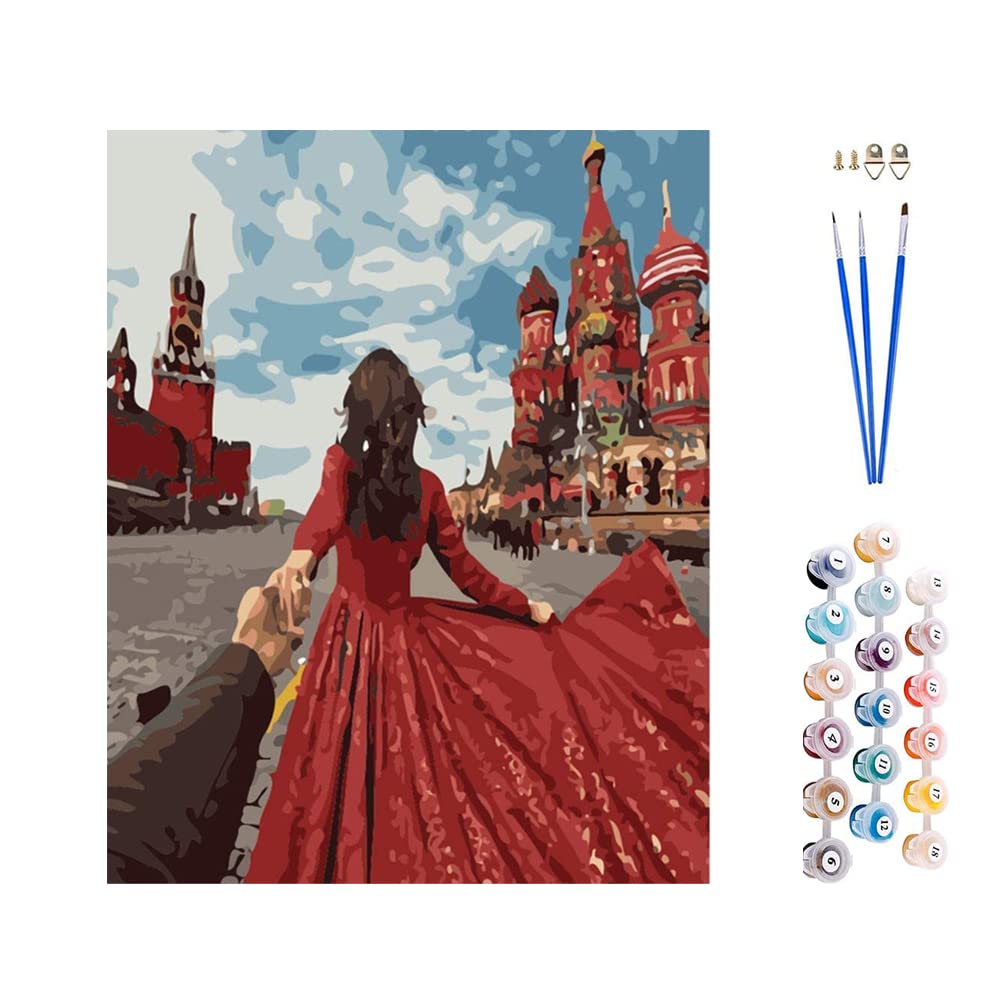 ABEUTY DIY Fabric Decorating Kits, Paint by Numbers Red Evening Dress Bride Wedding 16x20 inches Number Painting Wall Art