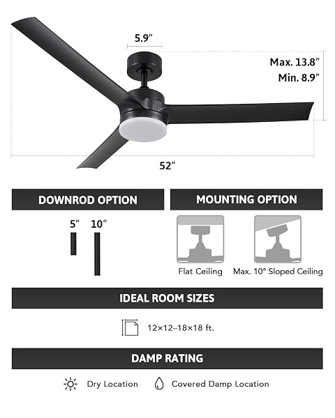 VONLUCE CEILING FANS WITH LIGHTS, 52 INCH CEILING FANS WITH LIGHTS AND REMOTE, 6-SPEEDS NOISELESS REVERSIBLE DC MOTOR, 3CCT, MODERN CEILING FAN FOR FARMHOUSE BEDROOM PATIO, BLACK