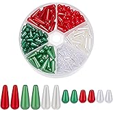 arricraft 210 Pcs 6 Styles Christmas Tear Drop Pearl Beads, Acrylic Round Imitation Pearl Bead Red Green White Water Drop Beads for Bracelet Necklace Jewelry Making