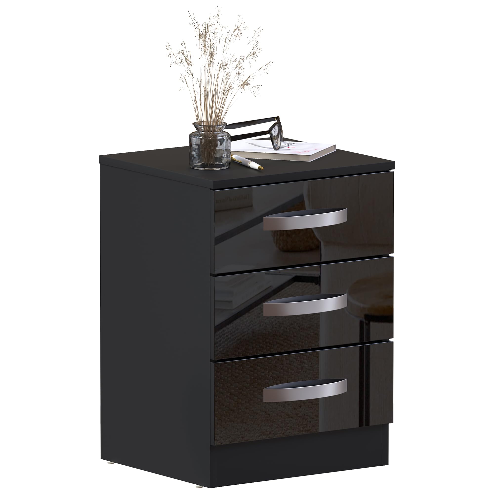 Vida Designs High Gloss Chest Of Drawers Black, 3 Drawer With Metal Handles and Runners, Unique Anti-Bowing Drawer Support, Bedroom Furniture