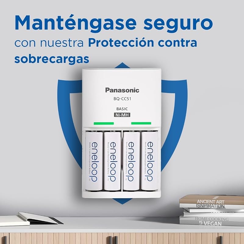Básico. Carregador para 2 ou 4 pilhas AA/AAA Ni-MH com 4 baterias eneloop AAA/Micro com capacidade aumentada e 6 novas características de segurança.
