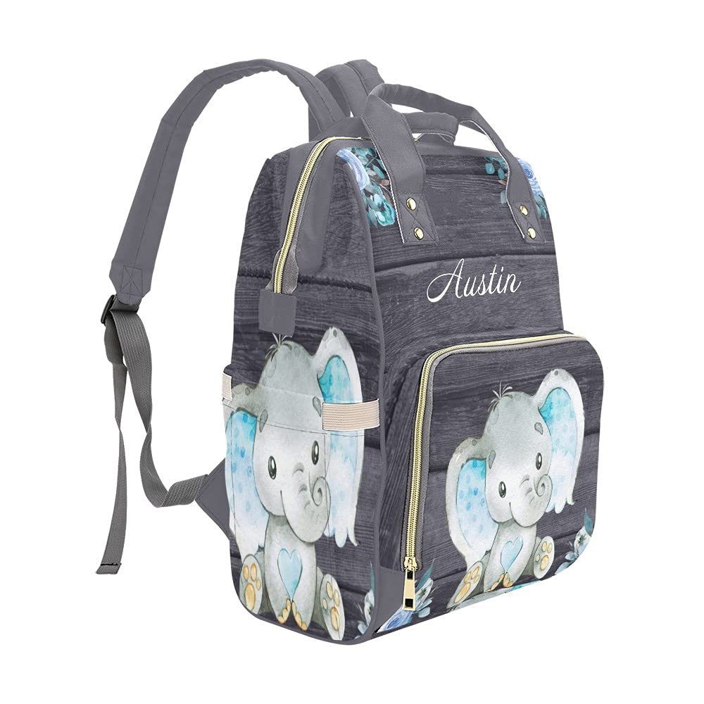Personalized Cute Blue Elephant Floral Diaper Backpack with Name Text Large Capacity Custom Multi-Function Bag Unisex Travel Backpack for Mom Dad Boy Girl, 10.83 in L x 6.69 in W x 15 in H