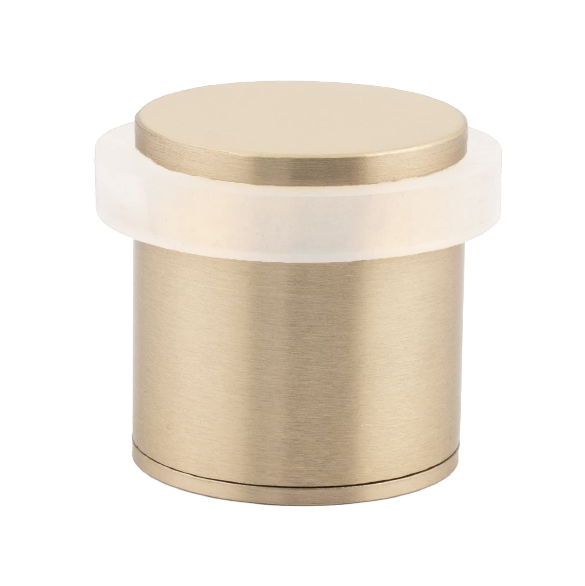 EVI Herrajes | Brass Door Stop | Ø28x30mm | Floor Mounted | Matte Finished Brass | White Silicone Protection | Includes Screw + Fastening Plug | Model I-202BLMT
