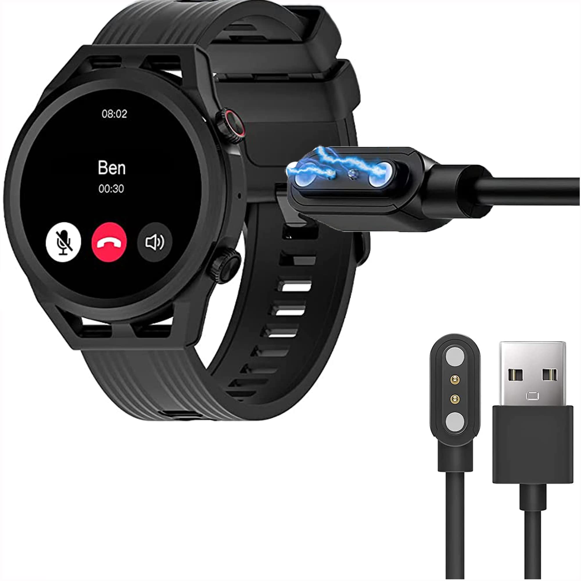 Compatible for IOWODO R8Pro Smart Watch 1.39" Charger, 2 Pin Magnetic USB Replacement Charging Compatible with IOWODO Round Smart Watch R8Pro for Men Women 2023 Newest (Black)