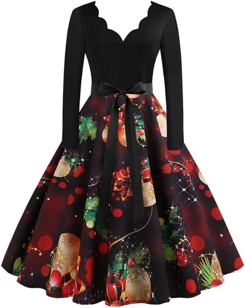 NEEDRA Women's Retro O Neck Butterfly Musical Note Printed Evening Dress