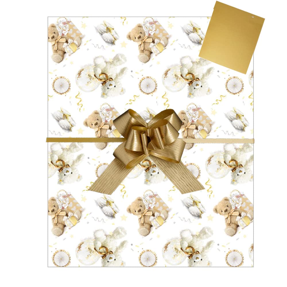 Teddy Bear Gift Wrap Pack 2 Sheets 2 Tags and 2 Gold Pull Bows, Girls Boys Birth Christening Age 1,2, 3, Birthday Gift Present
